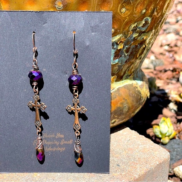 Elegant Purple Cross Dangle Earrings - Picture 8 of 12